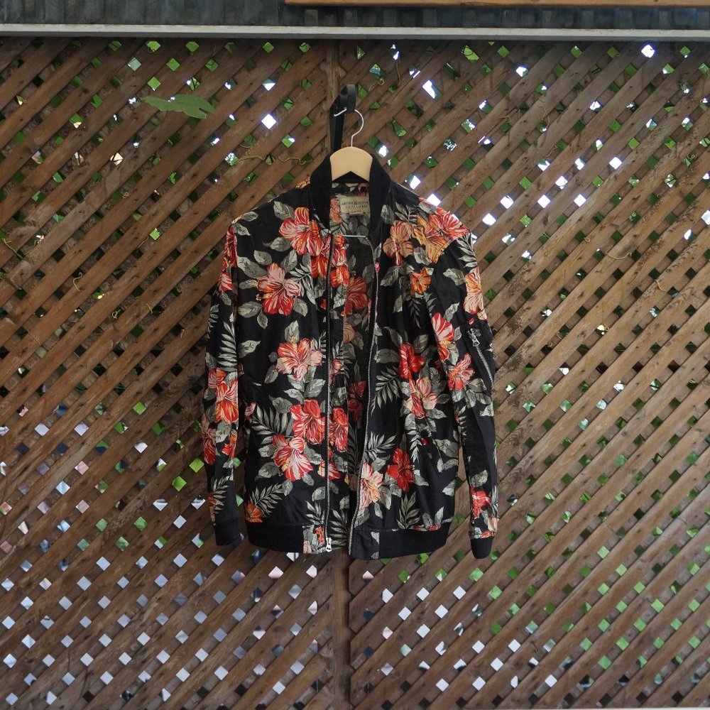 Dark Floral Print Cotton Bomber Jacket